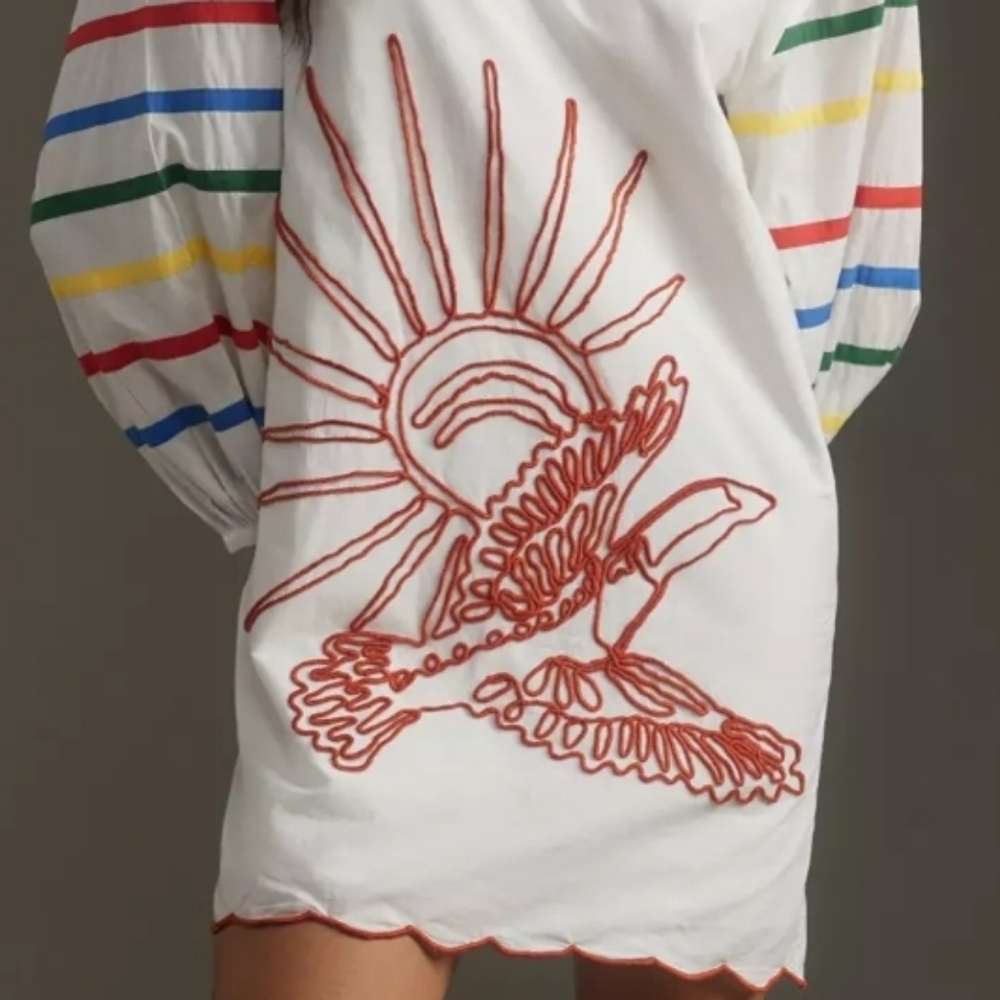 FARM Rio White Long-Sleeve Dress with Rainbow Stripe Sleeves and Rust Embroidery - Picture 2 of 6